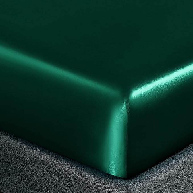 Homiest 4pcs Satin Sheets Set Luxury Silky Satin Bedding Set with Deep Pocket, 1 Fitted Sheet + 1 Flat Sheet + 2 Pillowcases (King Size, Blackish Green)