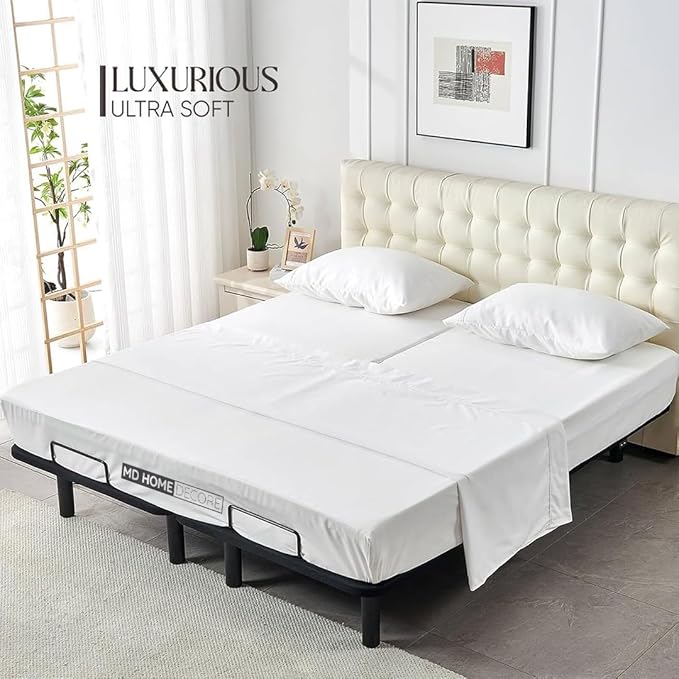 4 Piece Split Head Flex Sheet Set, 28" Top Split King Sheets for Adjustable Beds, 100% Egyptian Cotton, 16 Inch Deep Pocket, Soft Durable Breathable Sheets, White Solid, Ideal for Adjustable Beds