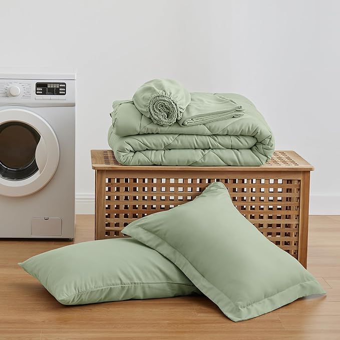 Love's cabin Twin XL Comforter Set Sage, 5 Pieces Twin XL Bed in a Bag, All Season Bedding Sets with 1 Comforter, 1 Flat Sheet, 1 Fitted Sheet, 1 Pillowcase and 1 Pillow Sham | Soft, Breathable, Lightweight, Comfortable