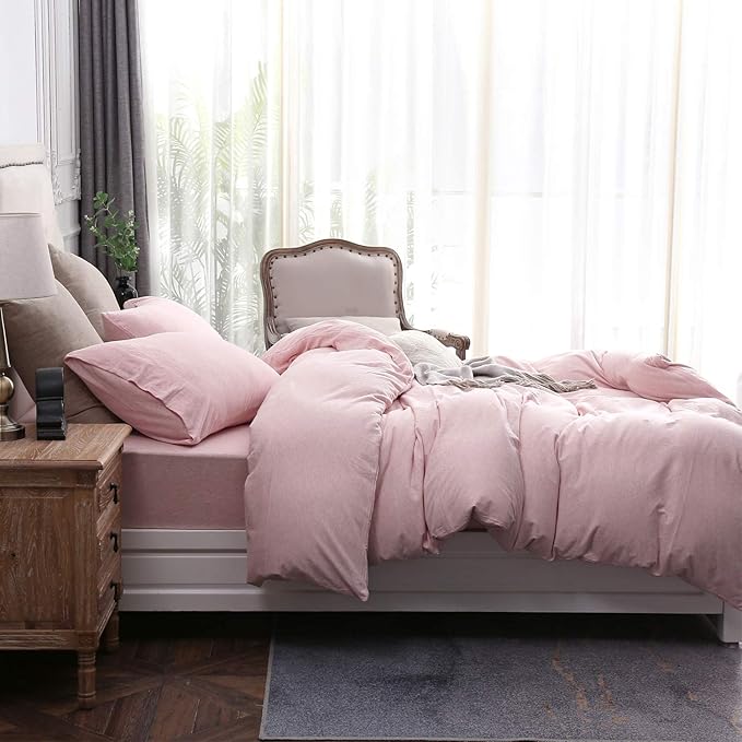 PURE ERA Jersey Knit Duvet Cover Set 100% T-Shirt Cotton Super Soft Comfy 3pc Bedding Set with Zipper Closure (Heather Pink, Queen)