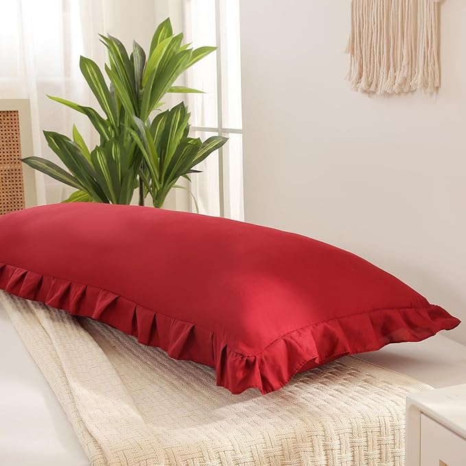 Burgundy Body Pillow Cover 20x54inches Long Pillowcase Ruffled Pillowcases Shabby Chic Ruffled Fringe Decor Body Ruffled Pillow Sham Cute Pillowcase (1 Body, Burgundy)