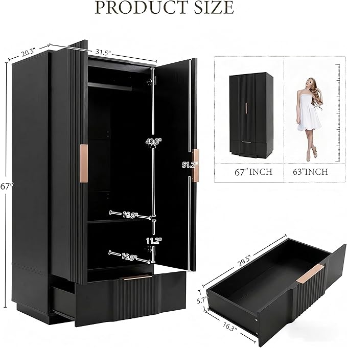 Brafab 67" Fluted Armoire Wardrobe Closet with Drawers and Doors, Wooden Wardrobe Cabinet with Adjustable Shelves, Modern Storage for Clothes, Dream Wardrobe Wall for Bedroom, Black(3 pcs)