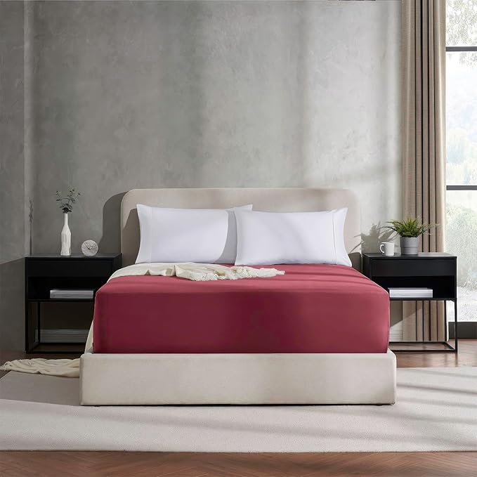 Nestl Burgundy Red California King Fitted Sheet Extra Deep Pocket, Hotel Luxury Cal King Fitted Sheet Only Easily Fits 18 to 24 Inch Mattress, Super Soft, Wrinkle-Free, Breathable with Corner Straps