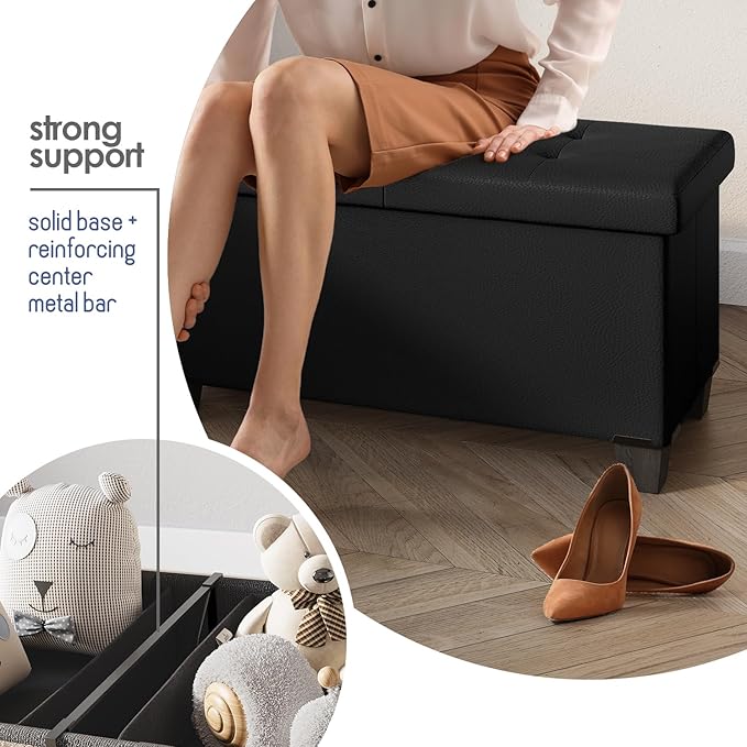 Storage Ottoman Bench with Bins, 43-in Storage Bench for Bedroom End of Bed, Folding Foot Rest Ottoman for Living Room Max 660lbs, Faux Leather Ottomans, Black