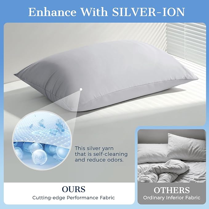 Cooling Pillow Cases 2 Pack Standard Size Cooling Pillowcases for Hot Sleeper Q-Max>0.5, Hydrates Skin & Hair, Reduces Wrinkles & Frizz, Soft Smooth Silky Pillowcases Envelope Set of 2, Grey