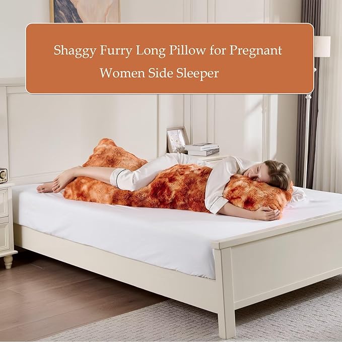 Luxury Shaggy Faux Fur Body Pillow,Fluffy Bed Pillow with Zipper Closure,Soft Decorative Plush Full Long Pillows,Fuzzy Hug Pillow for Living Room Side Sleeper & Pregnancy 20"x54" Tie-dye Burnt Orange