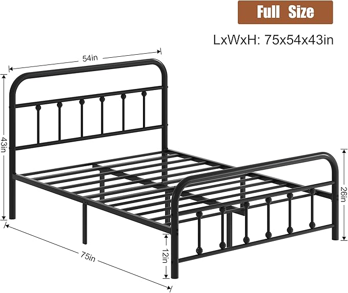 Shintenchi Full Size Metal Platform Bed Frame with Headboard & Footboard, Steel Slat Mattress Foundation, Under Bed Storage, Noise-Free, No Box Spring Needed, Black Round