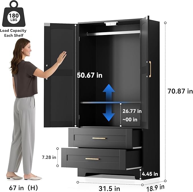 Wooden Armoire Wardrobe Closet with 2 Drawers, Bedroom Armoires with Door and Shelves, Freestanding Wardrobe Clothing Storage Cabinet with Hanging Rod for Bedroom, Laundry Room, Cloak Room（Black）
