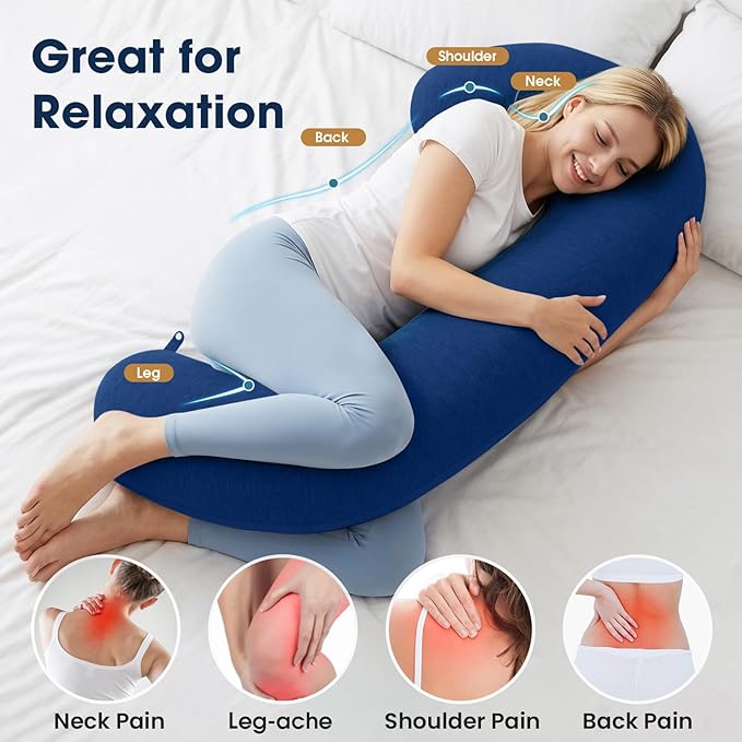 TranquilRelax C Shaped Body Pillow for Side Sleepers, Memory Foam Long Pillow for Leg, Hip & Back Support, Soft Washable Cover,Navy Blue-35"*10"