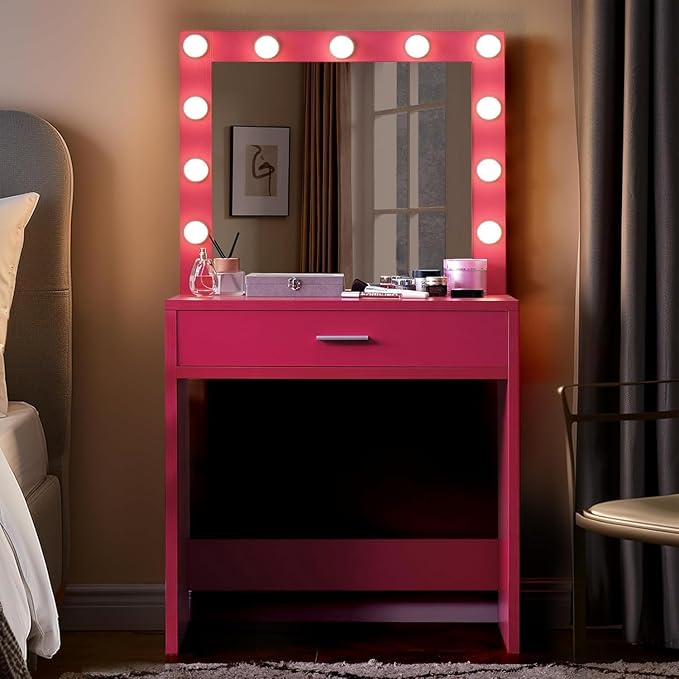 Palimder Vanity Desk with Lamp Bulb Mirror Drawers,Vanity Storage Bench,Makeup Vanities Table for Bedroom,Rose Red