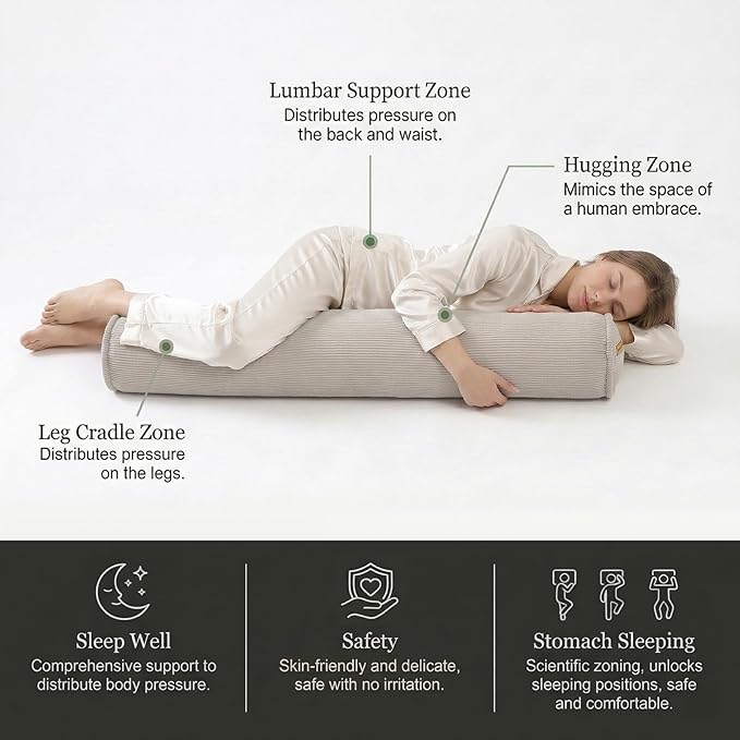Long Bolster Pillow for Bed – Soft Corduroy Body Pillow for Adults, Ergonomic Full-Length Support for Better Sleep,47 x 7.87 Inches,Beige Gray