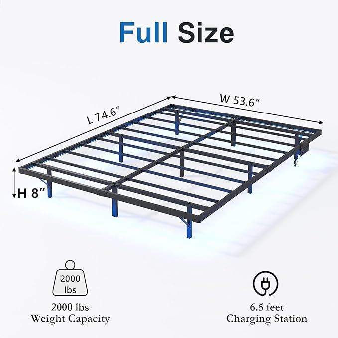 HAVONIZD Floating Bed Frame Full with LED Lights and Charging Station - 8 inch Platform Bed Frame No Box Spring Needed, Easy Assembly