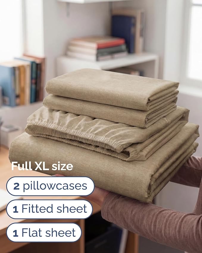 Full XL Bed Sheet - 4 Piece Full XL Bed Sheets Set - Ultra-Soft, Breathable & Cooling - Hotel Luxury Bedding for Women & Men w/ Deep Pockets - Wrinkle Free & Fade Resistant - Oeko-Tex - Heathered Tan