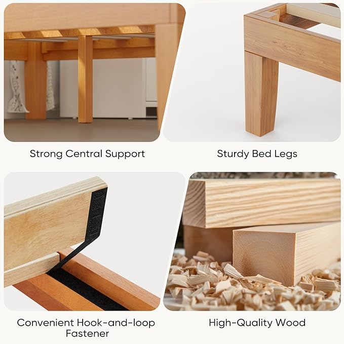 DUMOS Solid Wood Bed Frame, Queen Size Bed Base with Wooden Slat Support, Sturdy, Stylish & Noise-Free Design, No Box Spring Needed, Easy Assembly, 12 in Natural Pine
