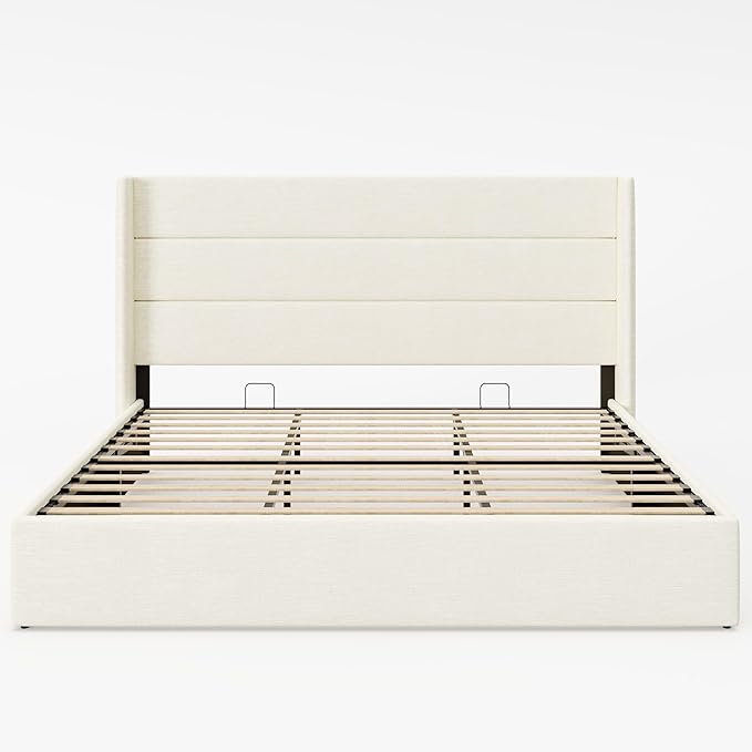 Allewie King Size Lift Up Storage Bed, Chenille Fabric Upholstered, Modern Wingback Headboard, Hydraulic Support, No Box Spring Needed, Cream White