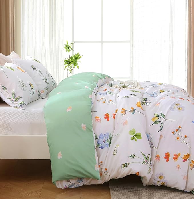 MUXHOMO Duvet Cover Full Size, Reversible Floral Multicolor Duvet Cover Set with Zipper Closure, 3 Pieces Botanical Patterns Soft Microfiber Bedding Set with 4 Ties (80"x90", 2 Pillow Cases)
