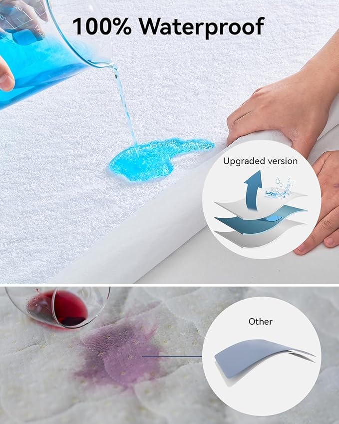 Queen Size Cooling Waterproof Mattress Protector Pad Cover,Breathable Fitted Sheet Style Deep Pocket-Soft Bed Mattress Protector Queen for Pets Kids Adults White