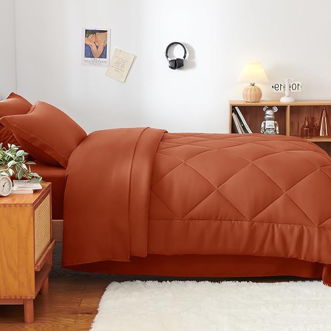 CozyLux Twin XL Comforter Set Burnt Orange - 5 Pieces Twin Extra Long Bed in a Bag for College Dorm, All Season Bedding Set for Girls and Boys, Soft Bed Set with Comforter, Sheets, Pillowcase & Sham