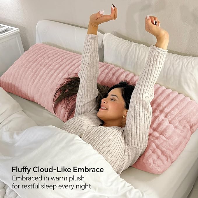 BEDELITE Fluffy Faux Fur Body Pillow Cover with Zipper, Luxury Plush 3D Striped Pillow Cover 20x54 Inches, Super Soft and Cozy Long Body Pillow Pillowcase for Bed Sofa Couch Room Decor(Pink)