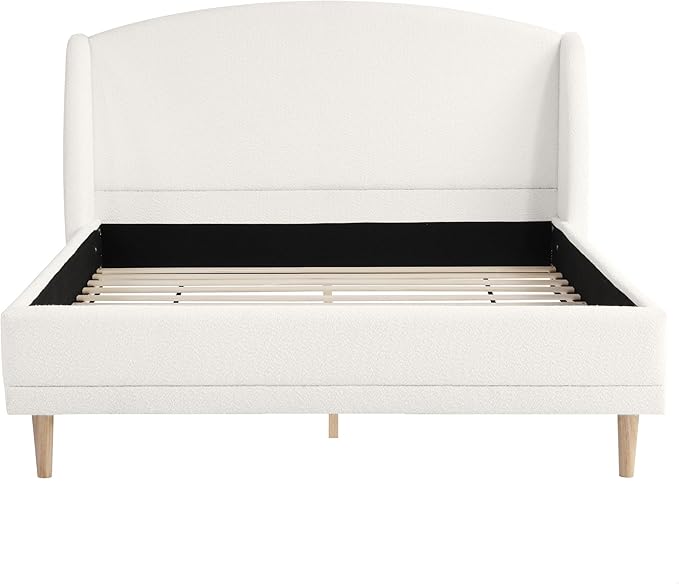 Queen Size Bouclé Upholstered Platform Bed Frame with Wingback Headboard, Rounded Corners, Modern Fabric Bed with Wood Slats Support, No Box Spring Needed, White