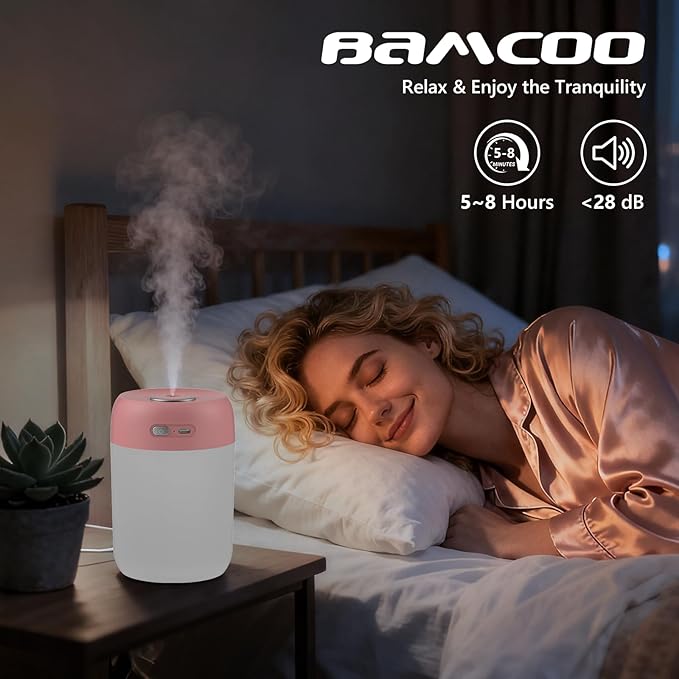 Portable Small Humidifier, 650ml Colorful Mini Humidifier for Bedroom, Office Desktop, Baby Room, Plants, Cool Mist Humidifiers(Deep Pink)