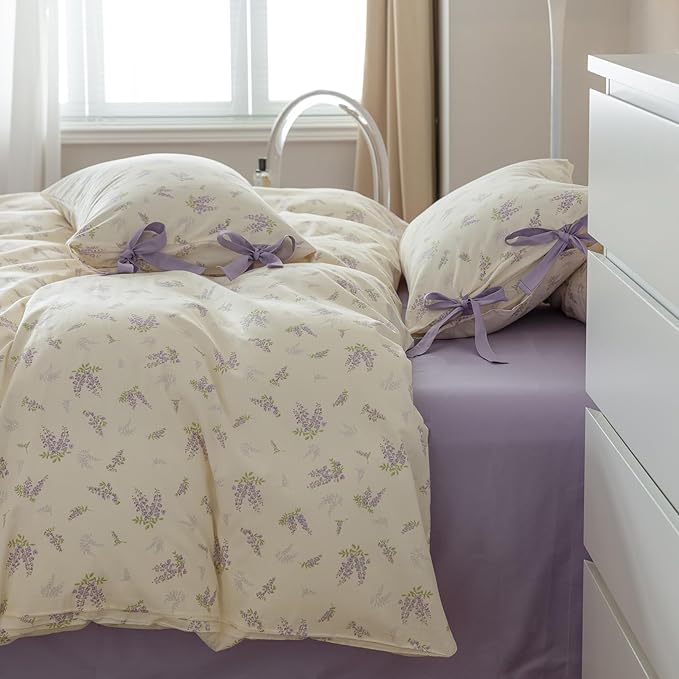 VM VOUGEMARKET Purple Flower Duvet Cover Set Full 3 Pieces Cream Duvet Cover with Bow Ties,Cottagecore Bedding Set 100% Cotton Vintage Country Comforter Cover for Teens Girls Without Filling-80 x90