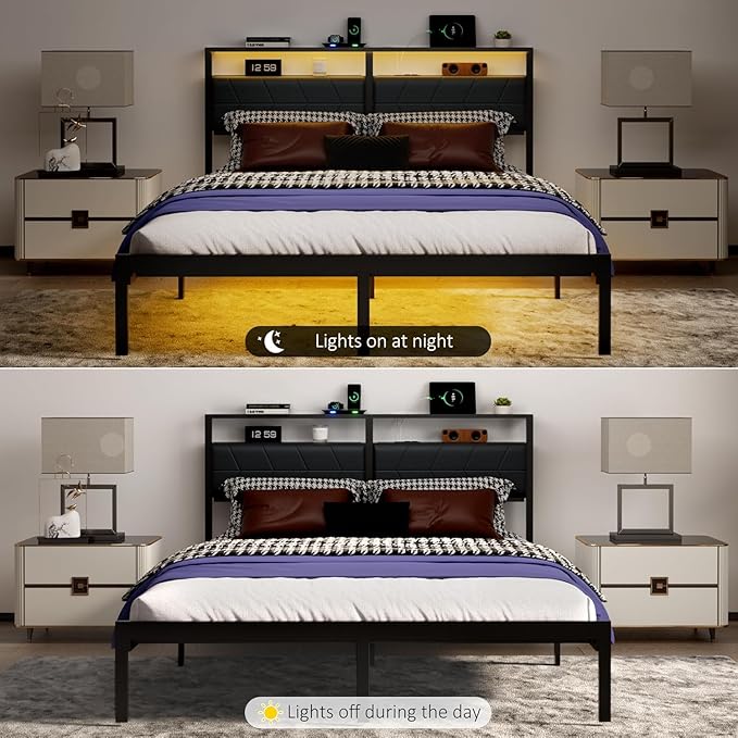 J.Fkne Full Bed Frame with LED Lights & Charging Station, Metal Platform Bed Frame with 2 Tier Storage Headboard, Under Bed Storage, No Box Spring Needed, Noise Free, Easy Assembly