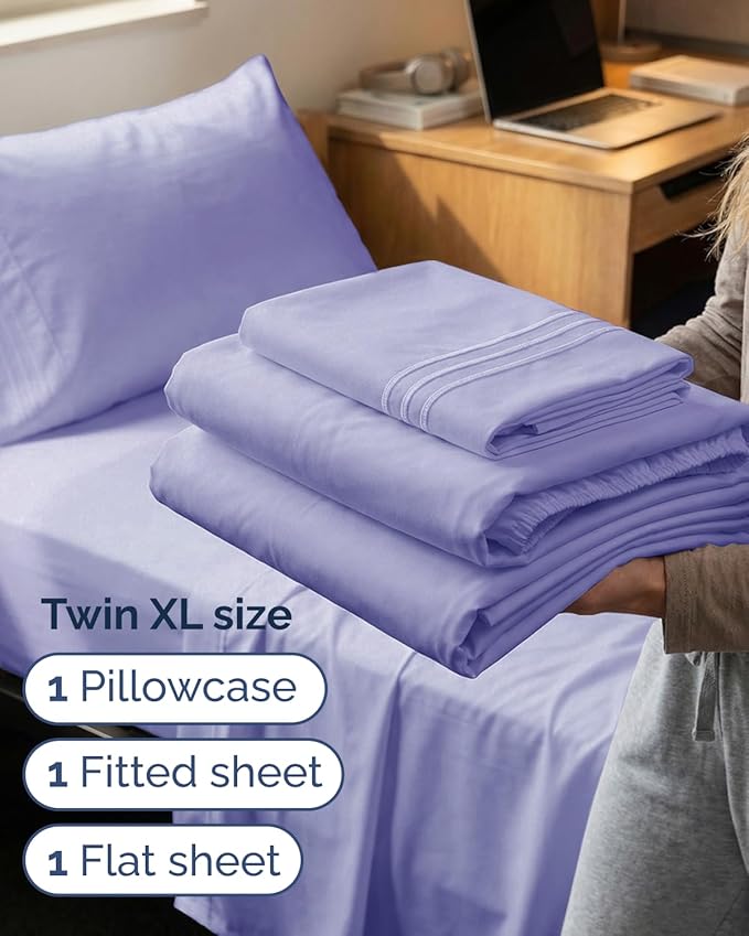 Twin XL Size 3 Piece Sheet Set - Comfy Breathable & Cooling Sheets - Hotel Luxury Bed Sheets for Women & Men - Deep Pockets, Easy-Fit, Soft and Wrinkle Free Sheets - Lavender Oeko-Tex Bed Sheet Set