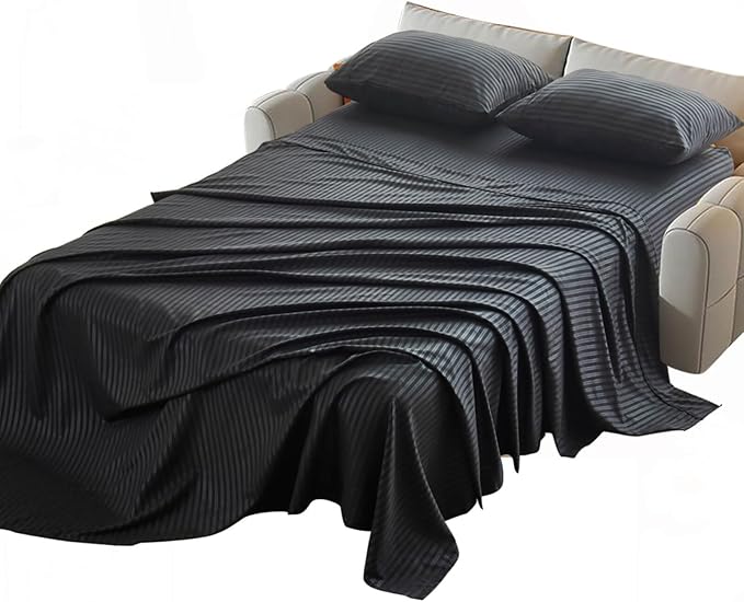 Kingnex Striped Sofa Bed Sheets Queen for Sleeper Sofa Bed with 4-6 Deep Soft Brushed 1800 Microfiber 4 Piece Bedding Set (60"x74"x6") Black