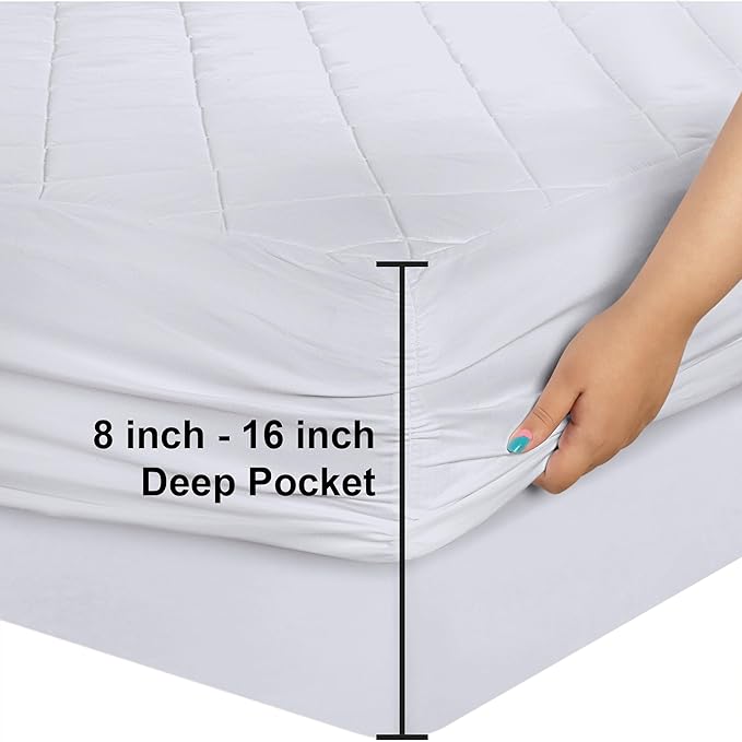 Utopia Bedding Quilted Fitted Mattress Pad, Full XL Size, Elastic Fitted Mattress Topper Protector and Cover with Deep Pocket Stretches up to 16 Inches, Machine Washable (White)