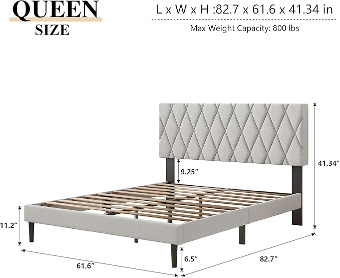 CXVX Queen Size Bed Frame with Diamond Tufted Headboard, Linen Upholstered Platform Bed and Wooden Slat Support, Noise-Free, No Box Spring Needed, Easy Assembly, Light Grey