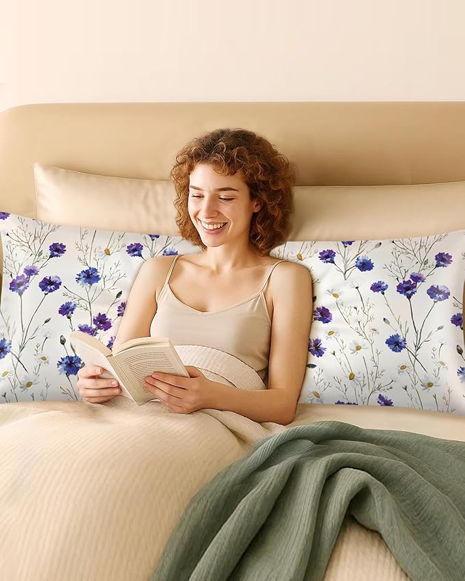 Miss Adola Silk Body Pillow Cover with Zipper - 20x54 Inch Silk Long Pillow Case for Women Ladies Adults Soft Bed Decorative Cute Boho Large Body Pillowcase Sham for Hair and Skin, Blue Daisy