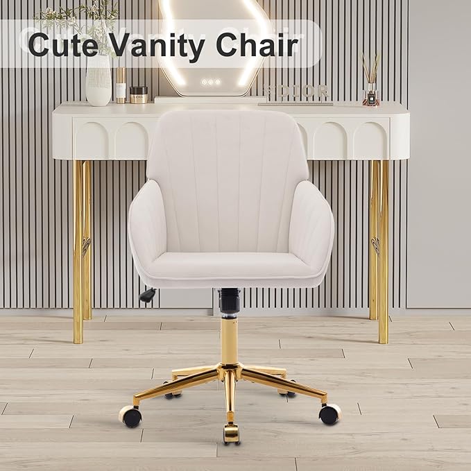 Velvet Vanity Chair with Wheels, Height Adjustable Swivel Makeup Chair, Armless Small Desk Chair for Bedroom/Office/Vanity Table, 250 lbs Capacity (Velvet, White-2)
