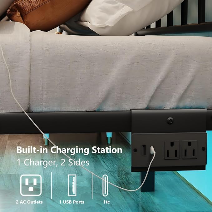 Twin Size Bed Frames with Charging Station,Black Metal Platform Bed Frame with LED Lights,Heavy Duty Metal Steel Slats Support,No Box Spring Needed,Noise Free,Easy to Assemble