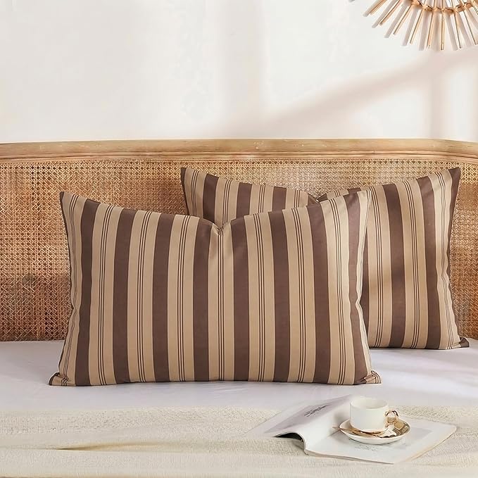 Merryword Brown Striped Pillowcases, 100% Cotton Pillow Cases, King Size Pillowcases, Luxury Linen Like Pillowcase, Soft Breathable Stripe Pillow Covers, Set of 2
