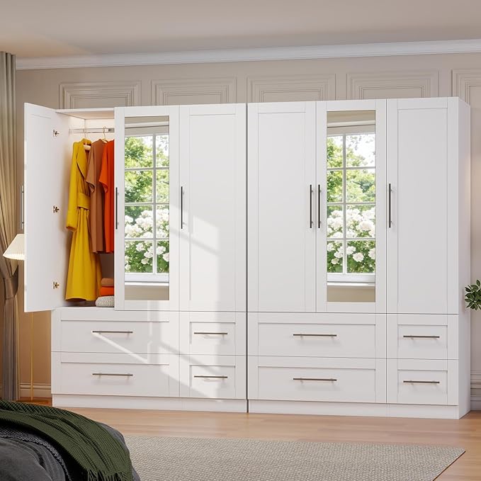 Armoire Wardrobe Closet with 8 Deep Drawers, Wooden Wardrobe Closet with Doors and Shelves, 71" Tall Large Wardrobe Bedroom Armoires with Center Mirror & Hanging Rod, Set of 2, White
