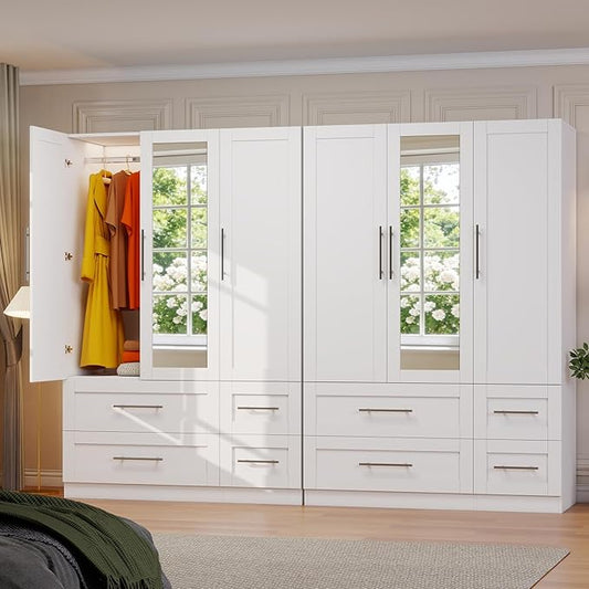Armoire Wardrobe Closet with 8 Deep Drawers, Wooden Wardrobe Closet with Doors and Shelves, 71" Tall Large Wardrobe Bedroom Armoires with Center Mirror & Hanging Rod, Set of 2, White