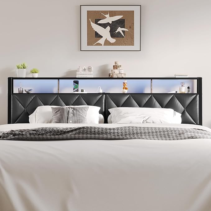 Full Headboard Only, Headboard for Full Size Bed with Storage, Upholstered Headboards with LED Lights & Charging Station, Attach Frame, Ideal for Bedroom/Dorm/Guest Room, Black, Faux Leather