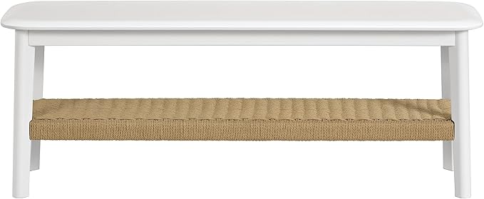 Alaterre Furniture Calais 48 Inch Solid Wood Entryway Bench with Woven Storage Shelf – Mid Century Modern 2-Tier Shoe Bench for Living Room, Hallway or Foyer (White)