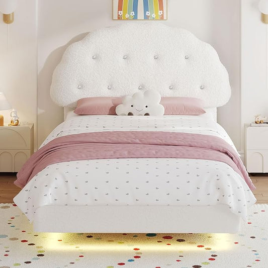 Cookie Twin Upholstered Bed Frame with LED Lights, Floating Bed Frames with Adjustable Headboard and Raised Footboard for Princess/Prince Bedroom, Teddy Velvet（White） | Cookie Bed Frame