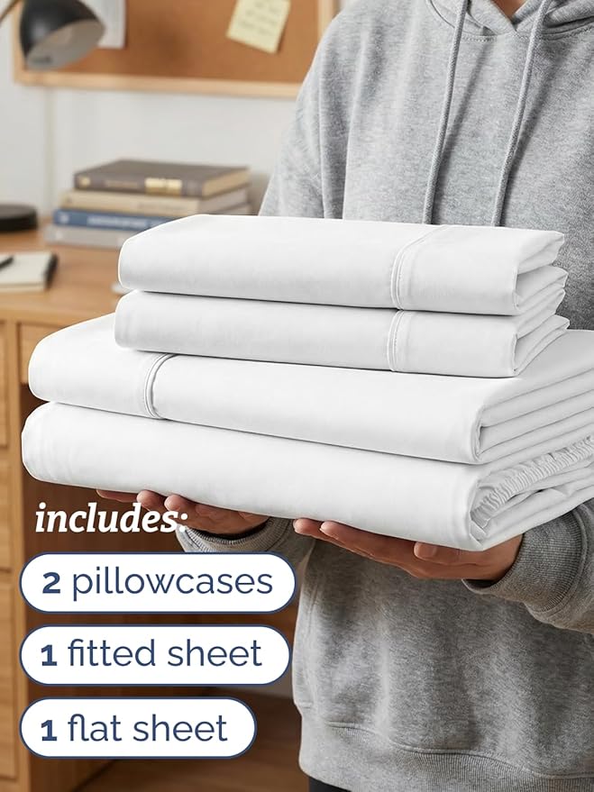 Twin XL 4 Piece Sheet Set - Comfy, Breathable & Cooling - Hotel Luxury Bedding for Women, Men, Kids, Teens and Children - 1 Flat & 1 Fitted Sheet & 2 Pillowcases w/ Deep Pockets - Wrinkle Free - White