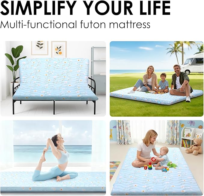 SCHNAUZER HOME Japanese Floor Mattress, 3.5" Thicken Floral Pattern Portable Futon Mattress, 100% High-Density Foam Tatami Mat Sleeping Pad for Camping Guest Room Dormitory RV, Light Blue, Twin