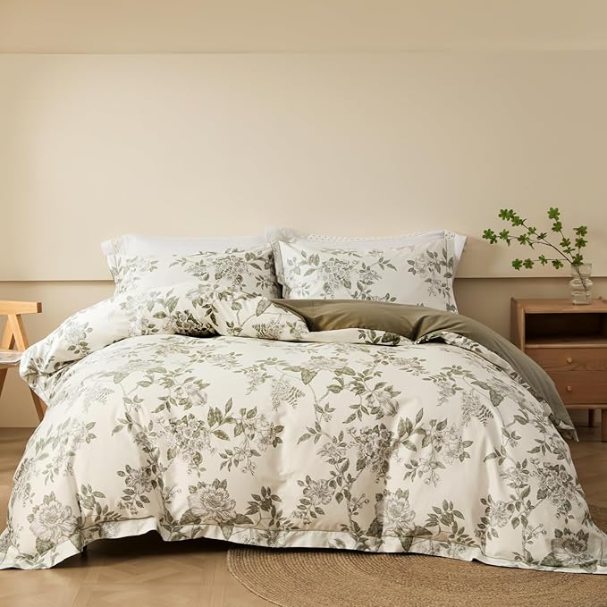 OAITE Duvet Cover Set Queen Size Floral Pattern 600 Thread Count Ultra Soft 100% Long Staple Cotton Duvet Cover Sets 3-PC, Breathable Duvet Cover with Zipper Closure & Corner Ties
