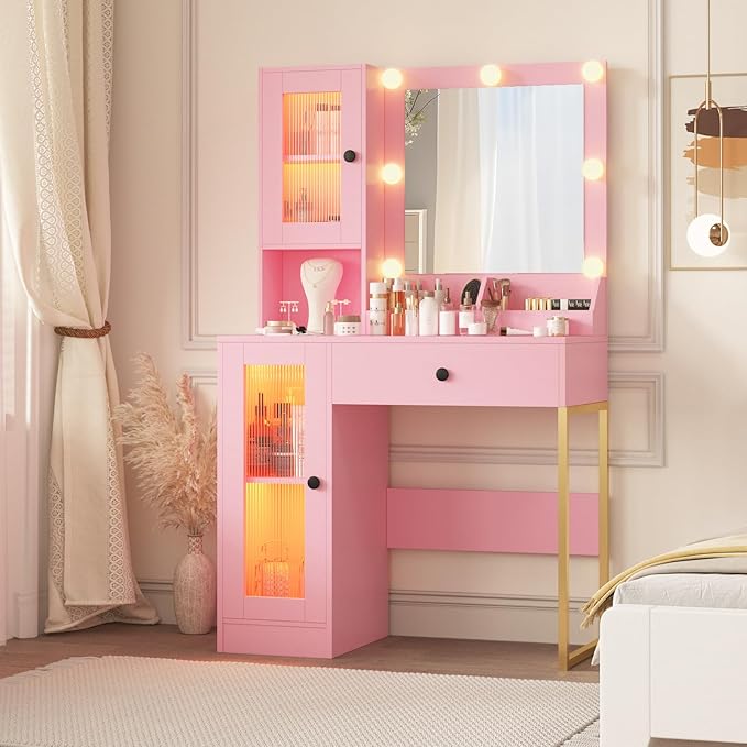 IDEALHOUSE Makeup Vanity Desk with Mirror and Lights, Vanity Table with Charging Station, 2 Open Compartments, 2 Acrylic-Door Cabinets, and RGB Lights Wood Dressing Table for Bedroom