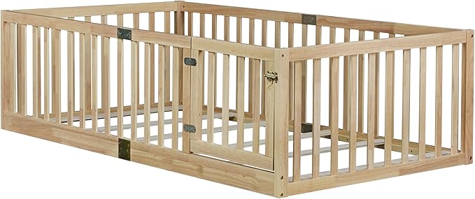 Bellemave Twin Size Montessori Floor Bed with 21.5" High Rails, Rubber Wood Twin Floor Bed with Slats and Door, Natural