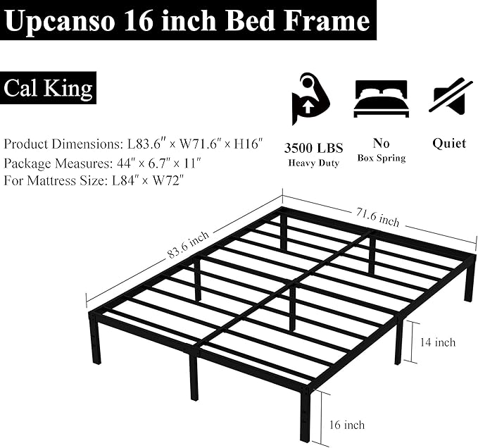 Upcanso 16 Inch California King Bed Frames No Box Spring Need, Platform Cal King Bed Frame with 14 Inch Storage, 3500 lbs Heavy Duty Metal Slats Support, Easy Assembly Mattress Foundation