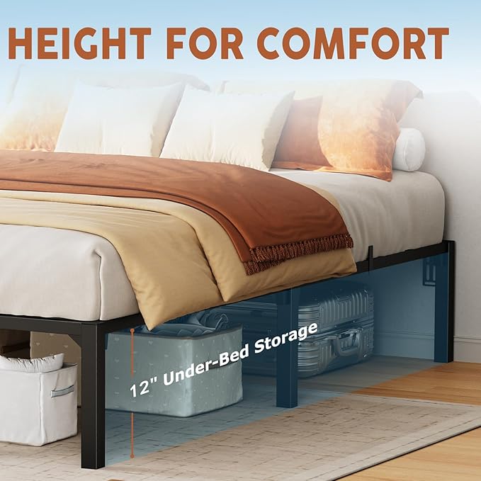 14 Inch Full Metal Bed Frame, Heavy Duty Metal Platform Bed Frame with Reinforced Slats Support, 800 Lbs Load Capacity, Noise Free, No Box Spring Needed and Screws , Tool-Free Assembly Bed Frame