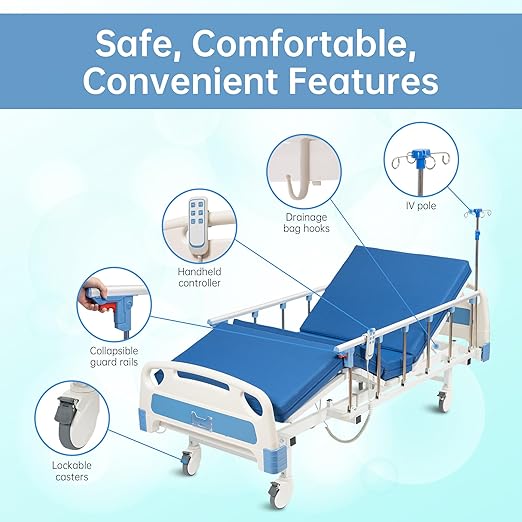 Real Relax Premium 2 Function Full Electric Hospital Bed, ICU Electric Medical Bed with 4 inch Foam Mattress & IV Pole, Dining Table Board and 5 inch Locking Casters, 530LBS Loading.