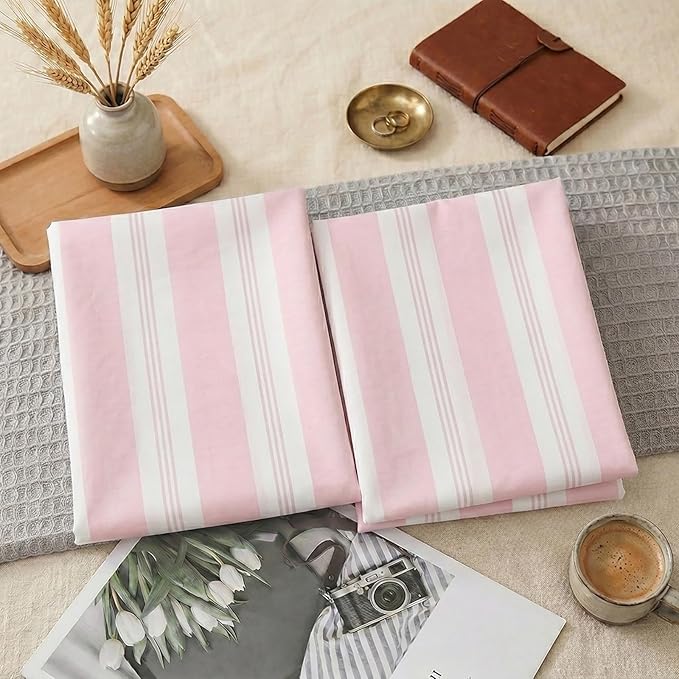 Merryword Pink Striped Pillowcases, 100% Cotton Pillow Cases, Standard Size Pillowcases, Luxury Linen Like Pillowcase, Soft Breathable Stripe Pillow Covers, Set of 2