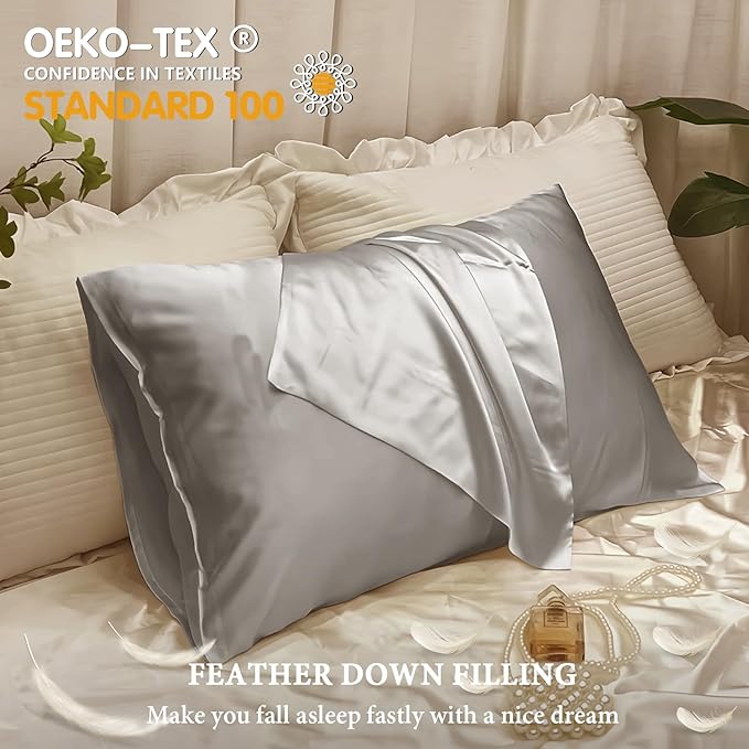BHZ Grey Satin Goose Down Feather Pillows Standard Size Set of 2 with Pillowcase for Hair and Skin, Cooling Pillow Cases Similar to Silk Pillow Cases, Decor for Women, Mom Men